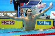Kristof Milak after setting a new world record in the 200m butterfly final in the 2019 FINA World Championship at Nambu International Aquatics Centre in Gwangju, South Korea
